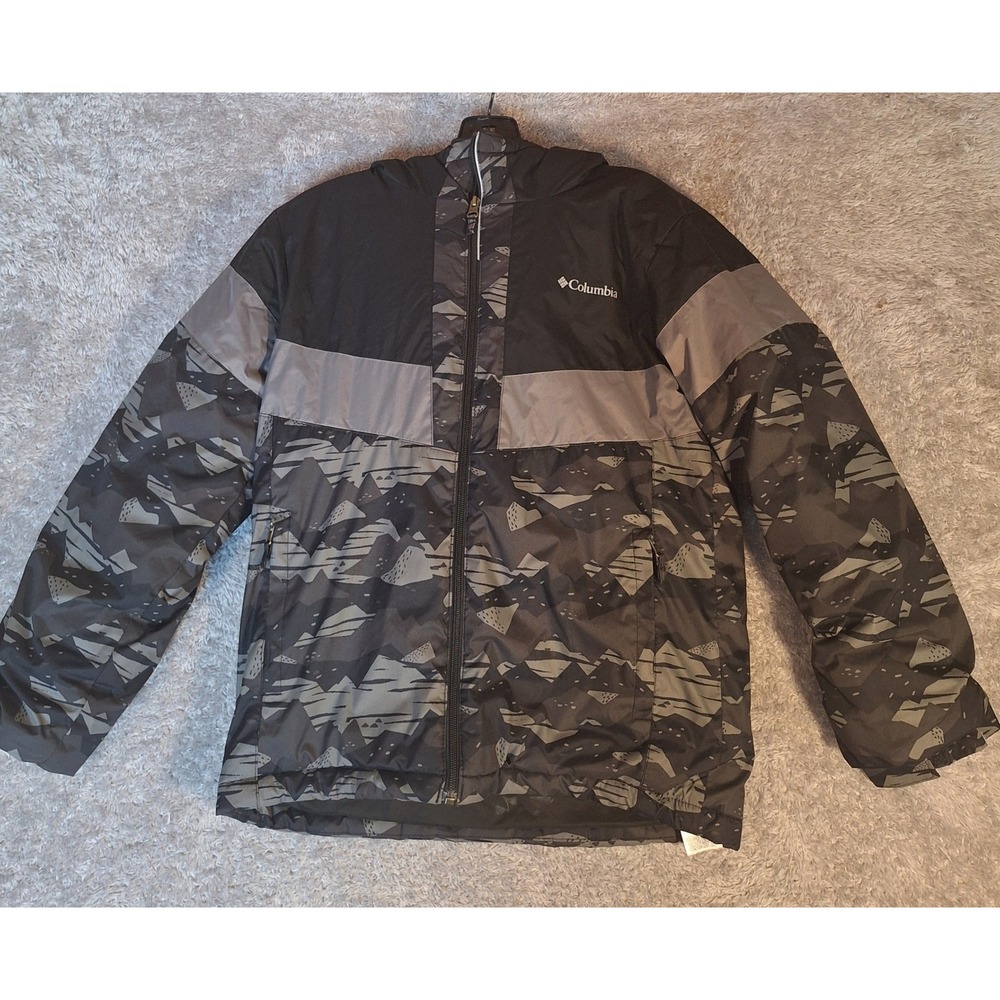 Columbia Boys L 14/16 Insulated Hooded Jacket Black Grey Camo Outgrown SB5836 - Picture 1 of 13